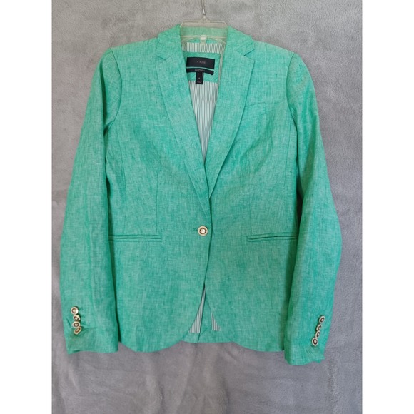 J Crew Campbell Blazer Sz 0 Green Linen Anchor Sailor Preppy Nautical Career - Picture 12 of 12